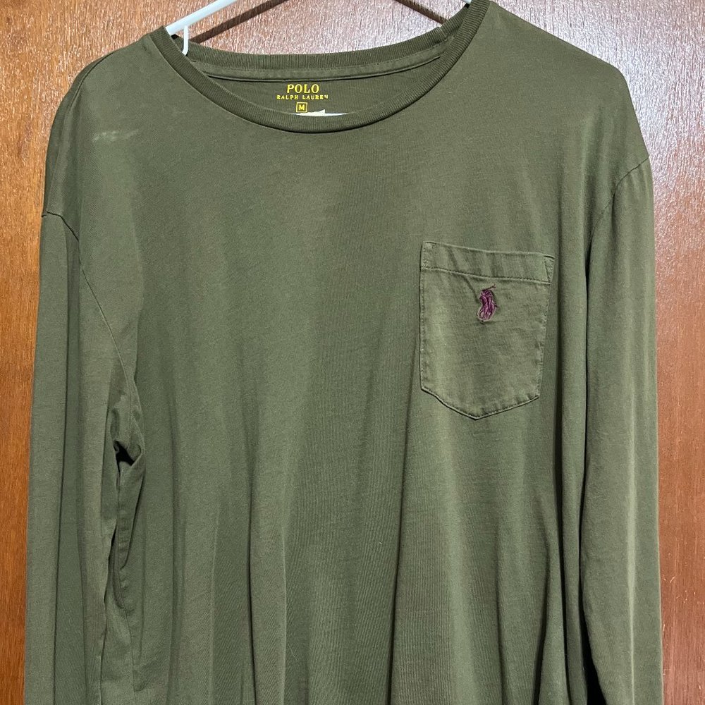 Men's Olive Green Polo Long Sleeve T-Shirt Size M